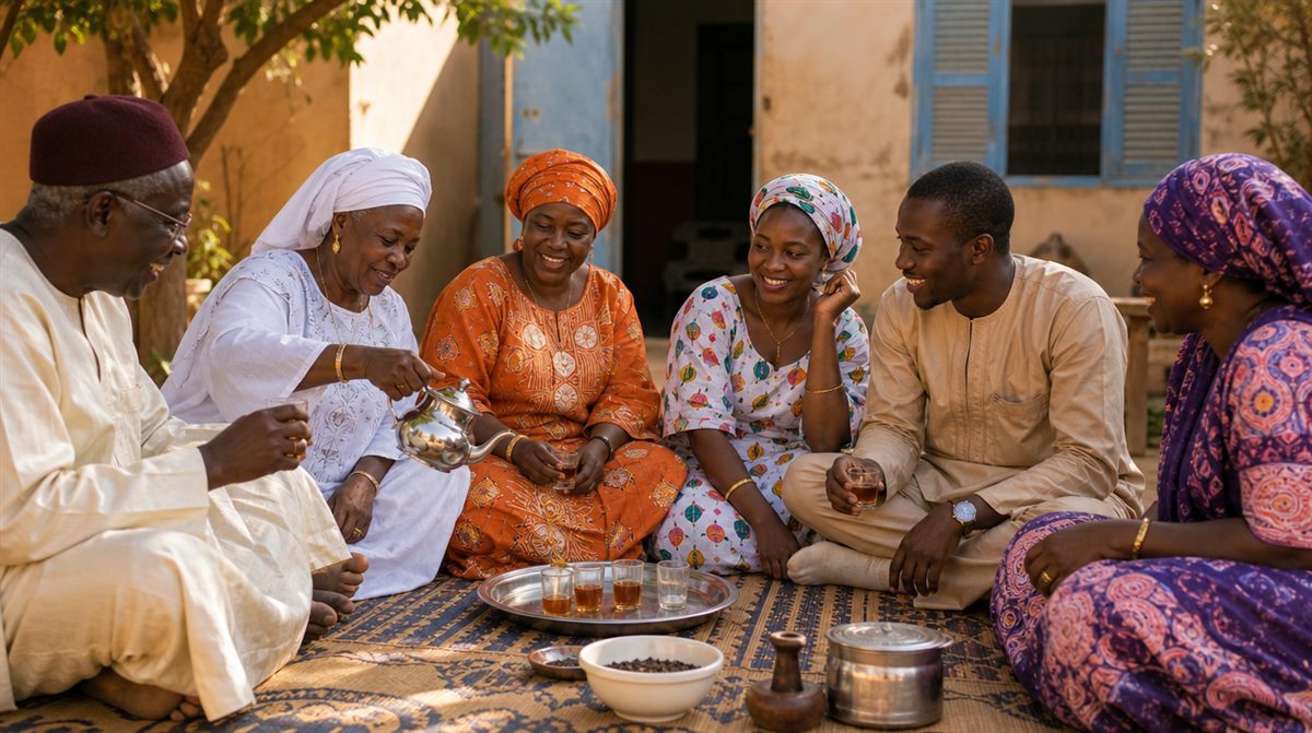 Une famille sénégalaise réunie autour du thé dans une cour